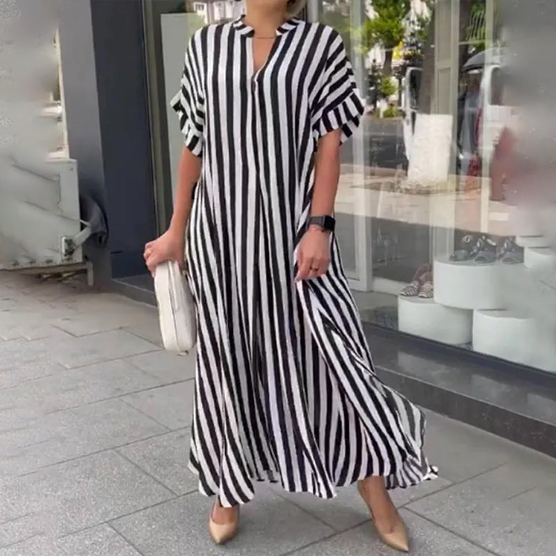 Robe Chemise à Col en V, Imprimé Rayé