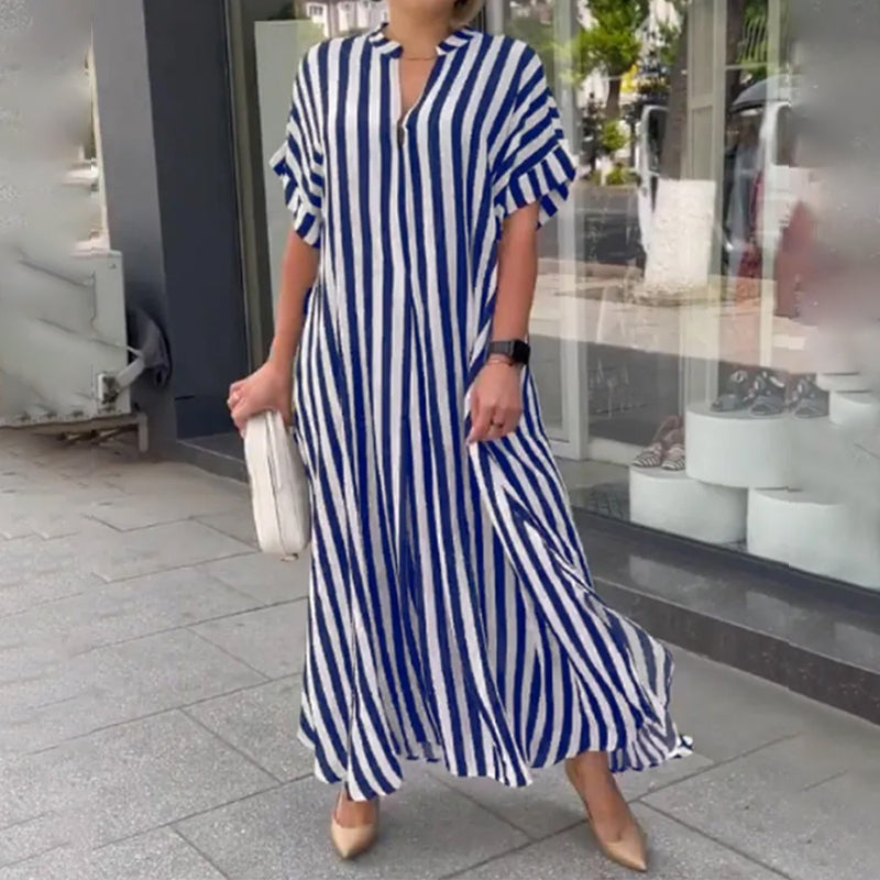 Robe Chemise à Col en V, Imprimé Rayé