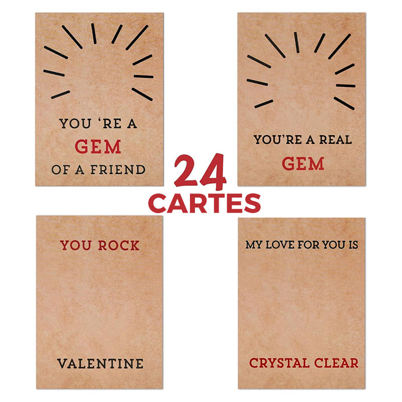 Paquet de 24 cartes de Saint-Valentin avec cristaux en forme de cœur