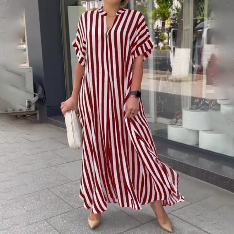 Robe Chemise à Col en V, Imprimé Rayé