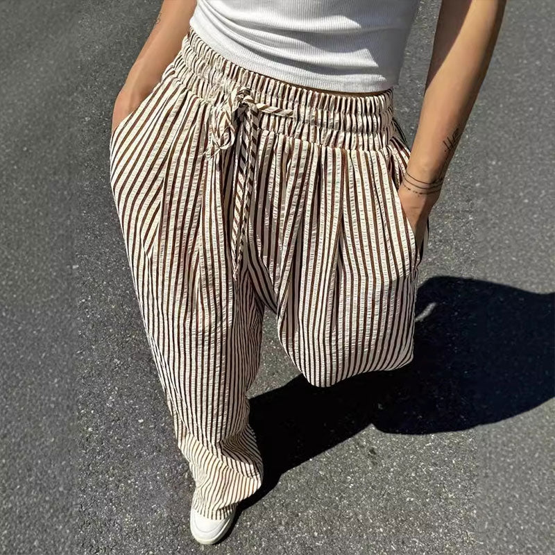 Pantalon large élastique taille haute ample et polyvalent