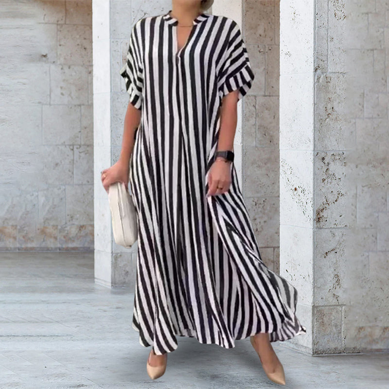 Robe Chemise à Col en V, Imprimé Rayé