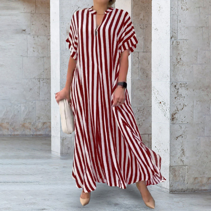 Robe Chemise à Col en V, Imprimé Rayé