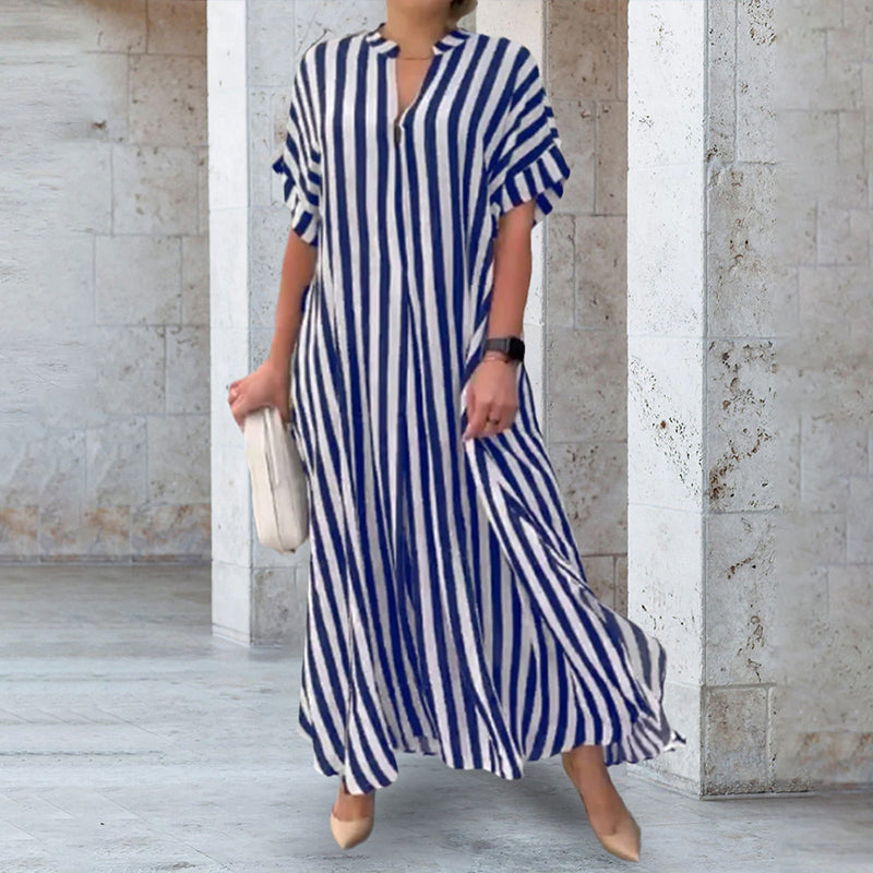 Robe Chemise à Col en V, Imprimé Rayé