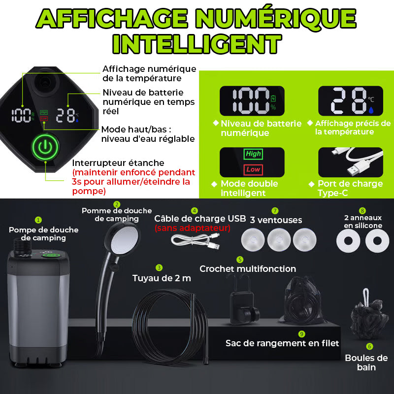 Pompe de douche portable rechargeable pour camping en plein air