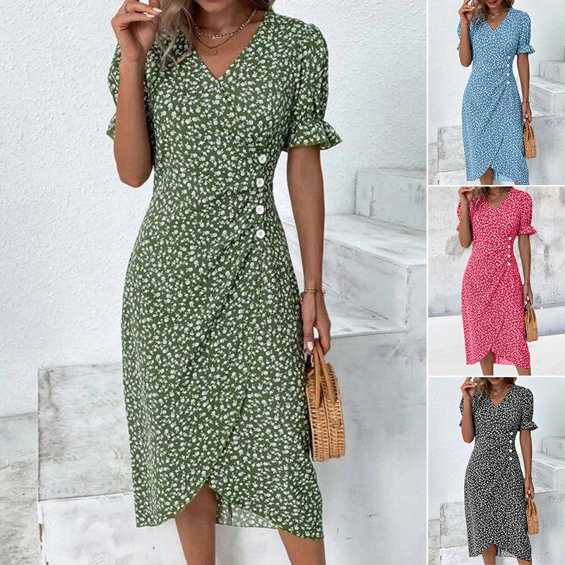 Robe à Manches Courtes avec Boutons et Imprimé Floral