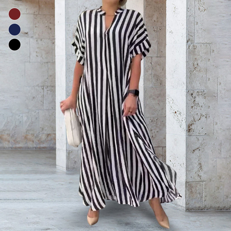 Robe Chemise à Col en V, Imprimé Rayé