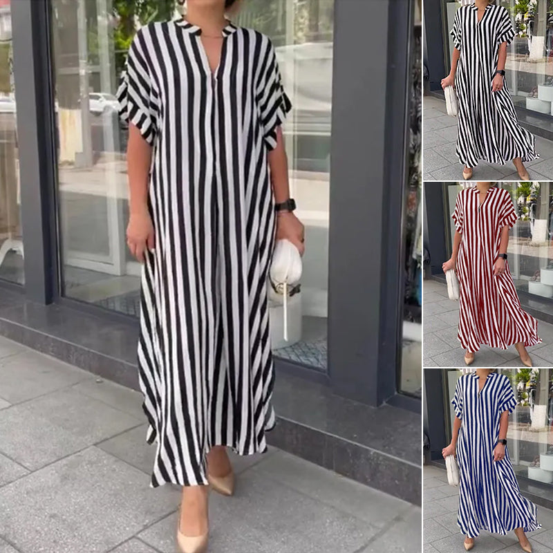 Robe Chemise à Col en V, Imprimé Rayé