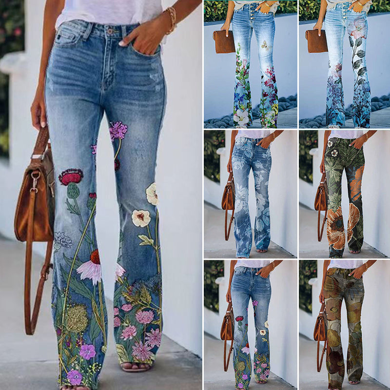 Pantalon femme skinny décontracté à motif fleuri