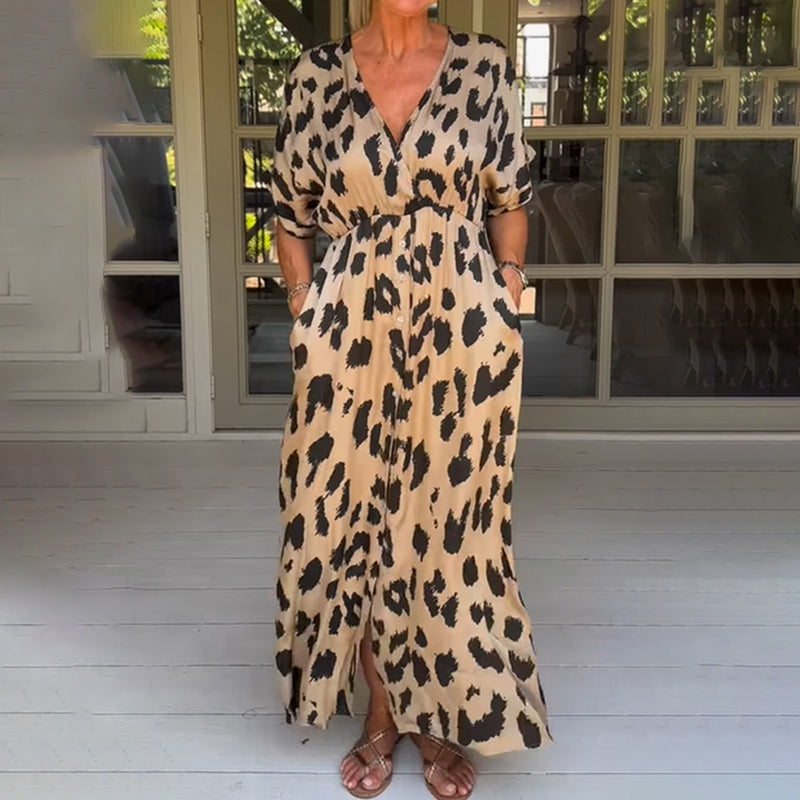 Robe longue ample léopard à col en V