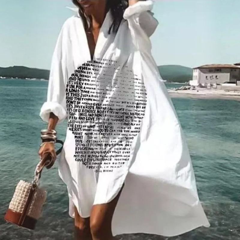 Robe chemise à manches longues et col en V pour femmes