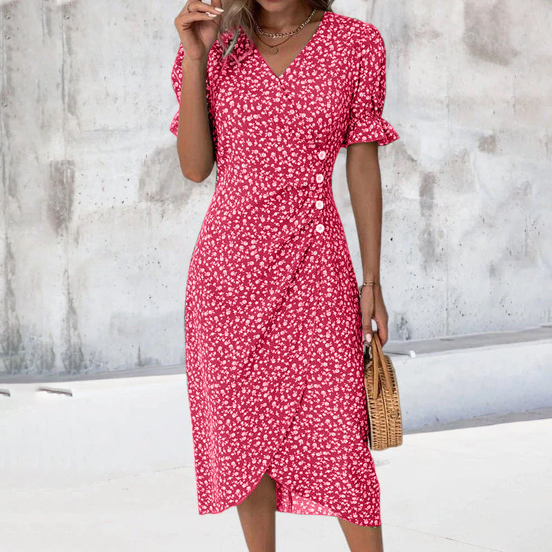 Robe à Manches Courtes avec Boutons et Imprimé Floral