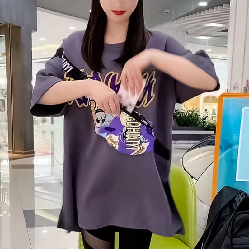 T-shirt à manches courtes avec sac à bandoulière unique pour femme avec poche zippée