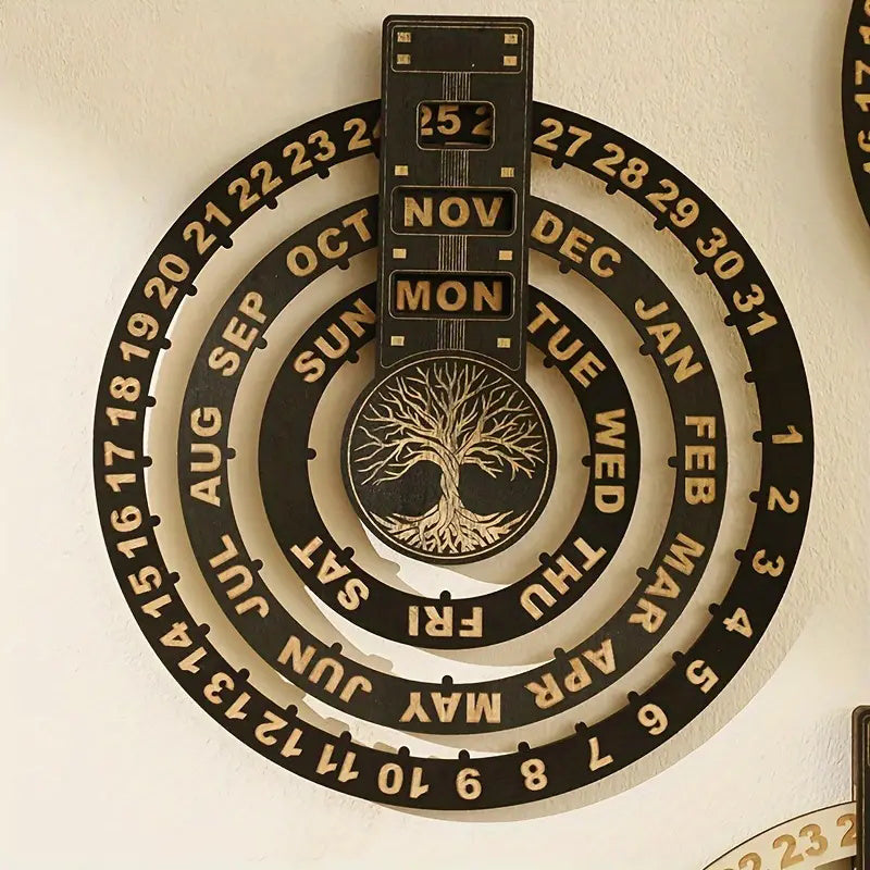 Houten roterende cirkelvormige eeuwigdurende kalender