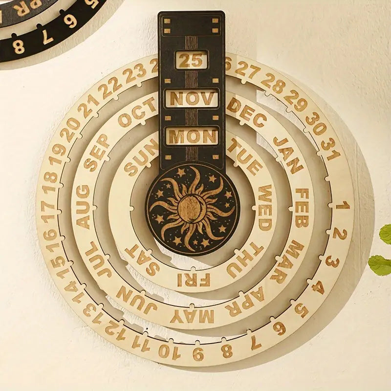 Houten roterende cirkelvormige eeuwigdurende kalender