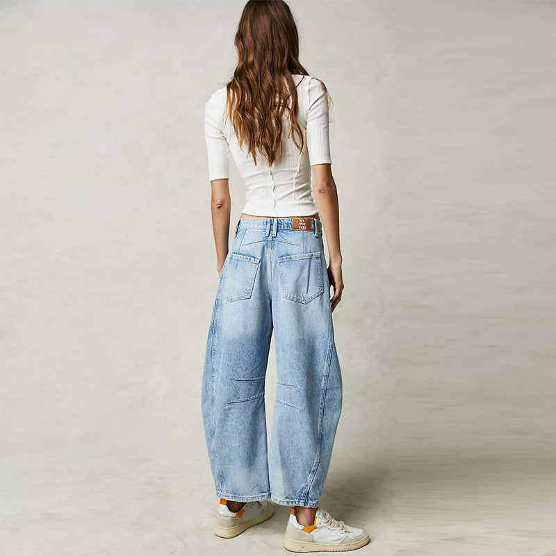 Pantalon large taille mi-haute en denim