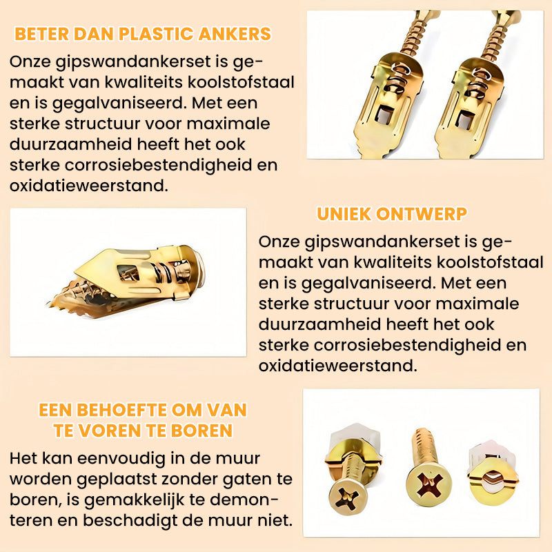 Gipsplaat Expansieankers + Hoge Sterkte Zinken Schroeven Kit (Verpakking van 100)