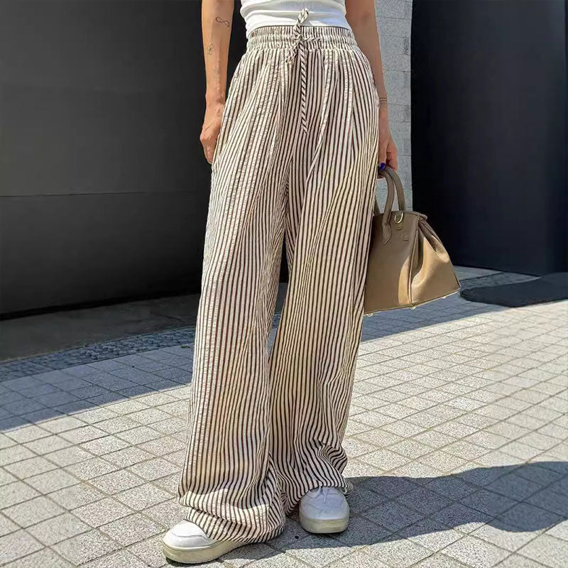 Pantalon large élastique taille haute ample et polyvalent
