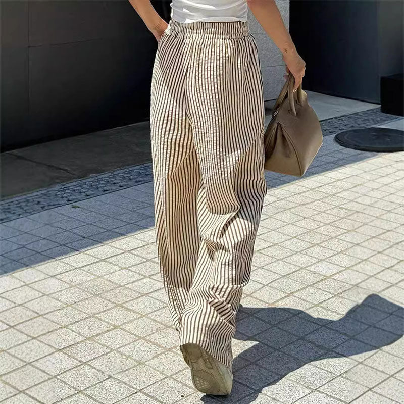 Pantalon large élastique taille haute ample et polyvalent