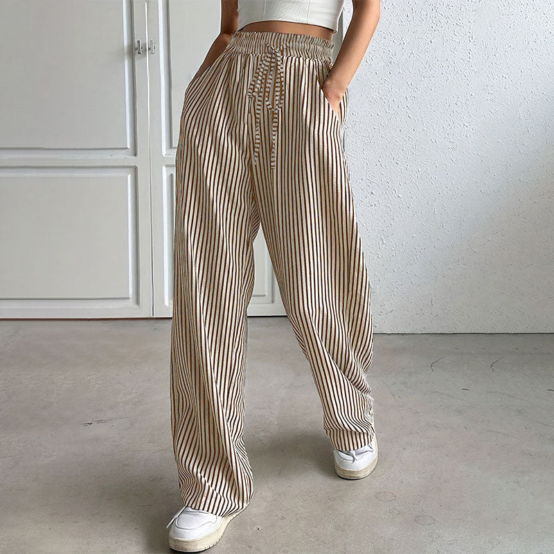 Pantalon large élastique taille haute ample et polyvalent