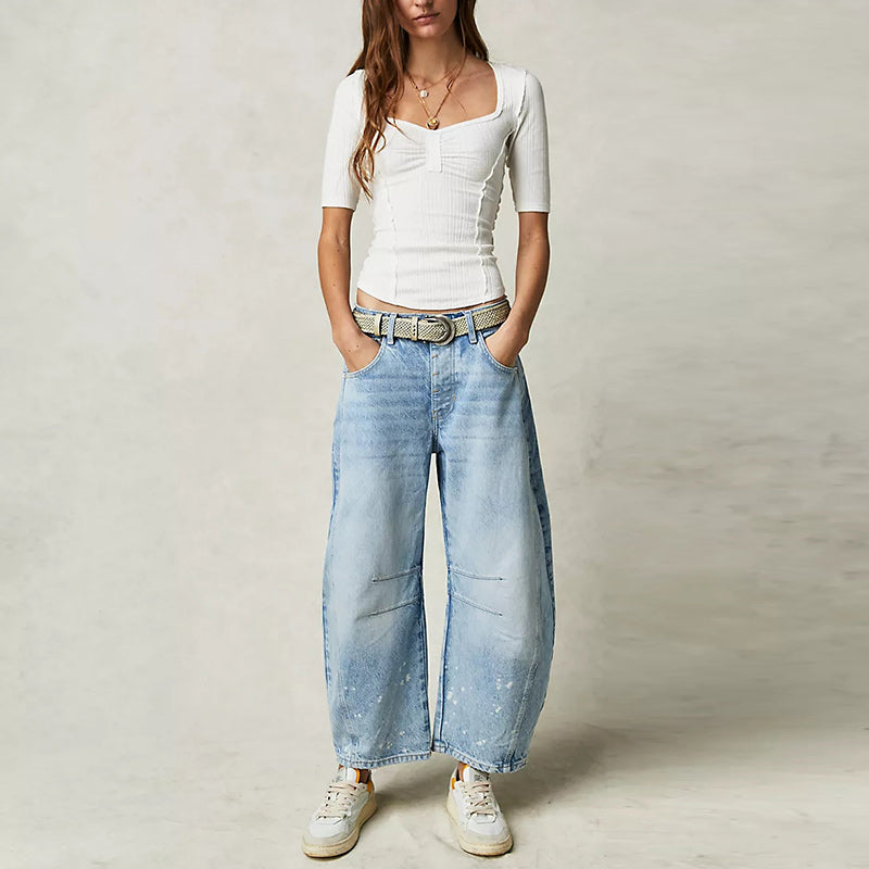 Pantalon large taille mi-haute en denim