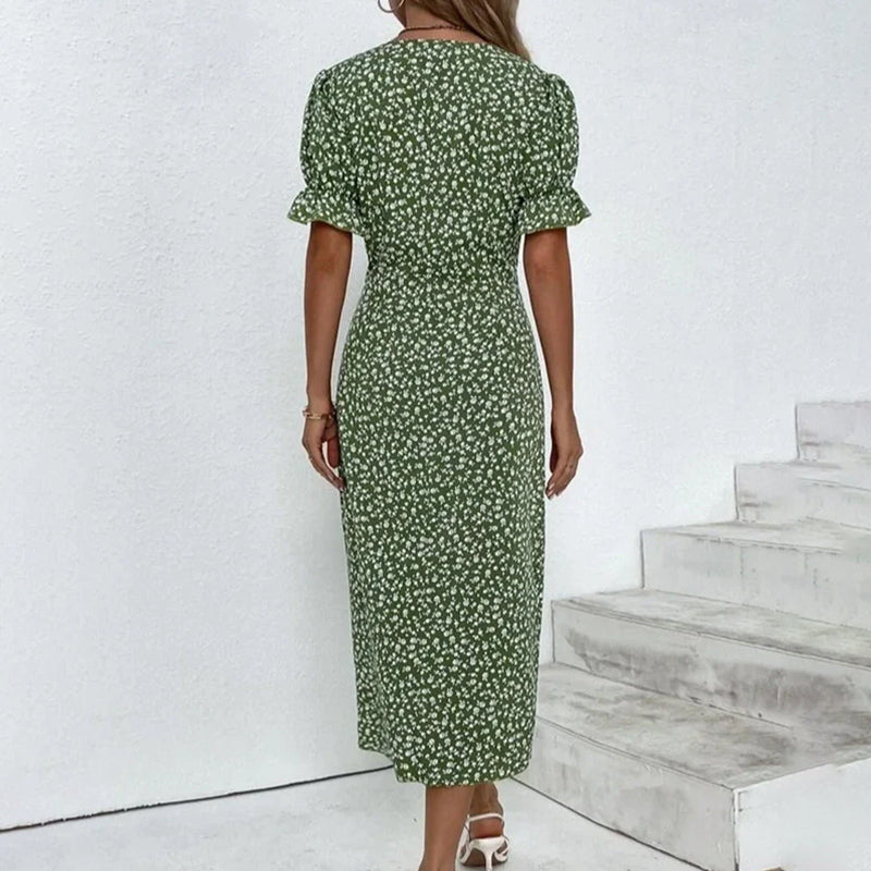 Robe à Manches Courtes avec Boutons et Imprimé Floral