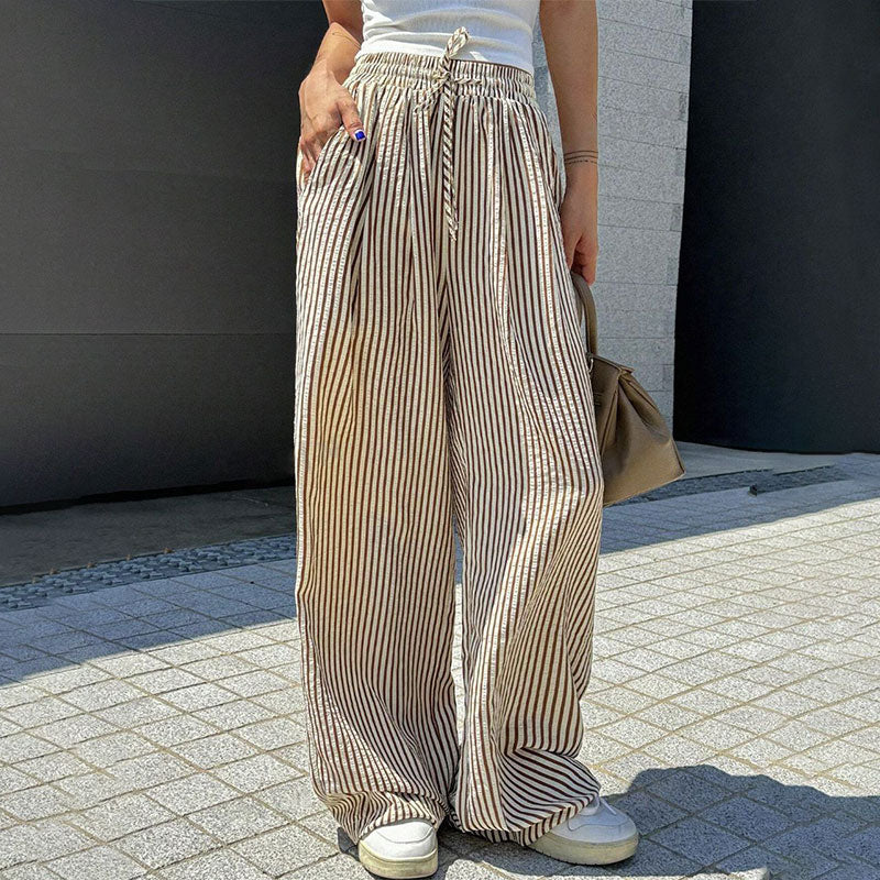 Pantalon large élastique taille haute ample et polyvalent