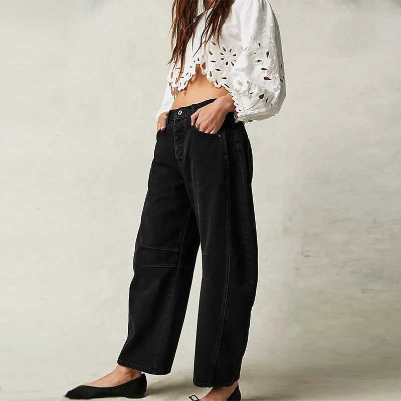 Pantalon large taille mi-haute en denim