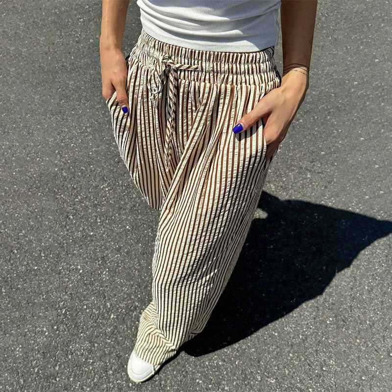 Pantalon large élastique taille haute ample et polyvalent