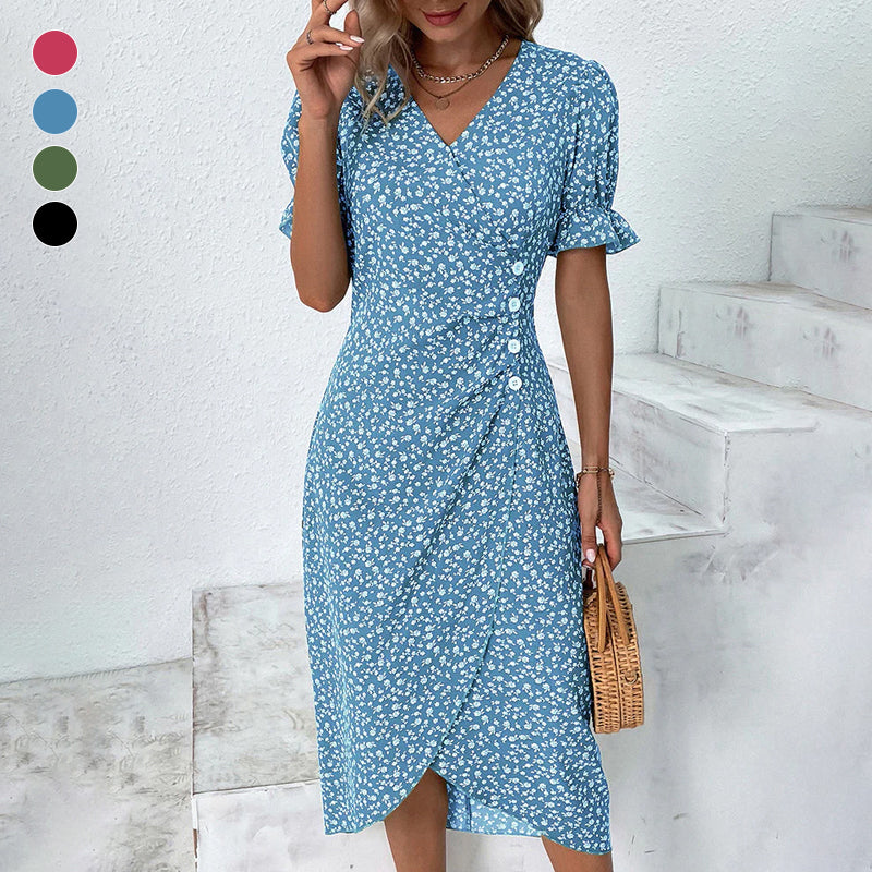 Robe à Manches Courtes avec Boutons et Imprimé Floral