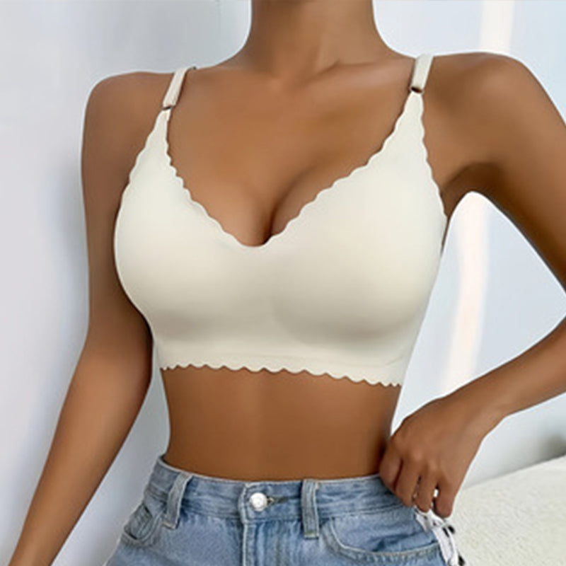 Soutien-gorge push-up sans armatures à bordure festonnée unie pour femme