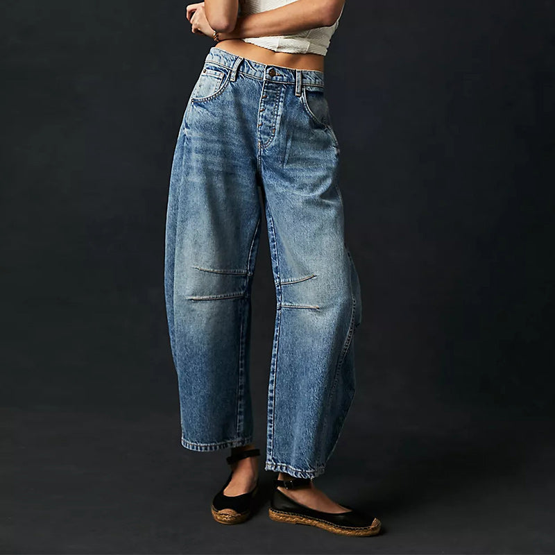 Pantalon large taille mi-haute en denim