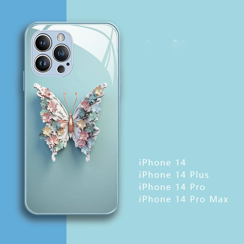 Coque en Verre Plat Motif Papillon 3D Compatible avec iPhone