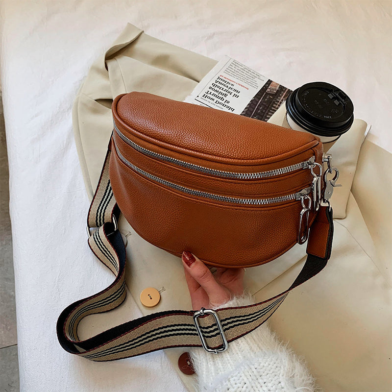 Sac de poitrine à bandoulière solide en cuir multi-poches pour femmes