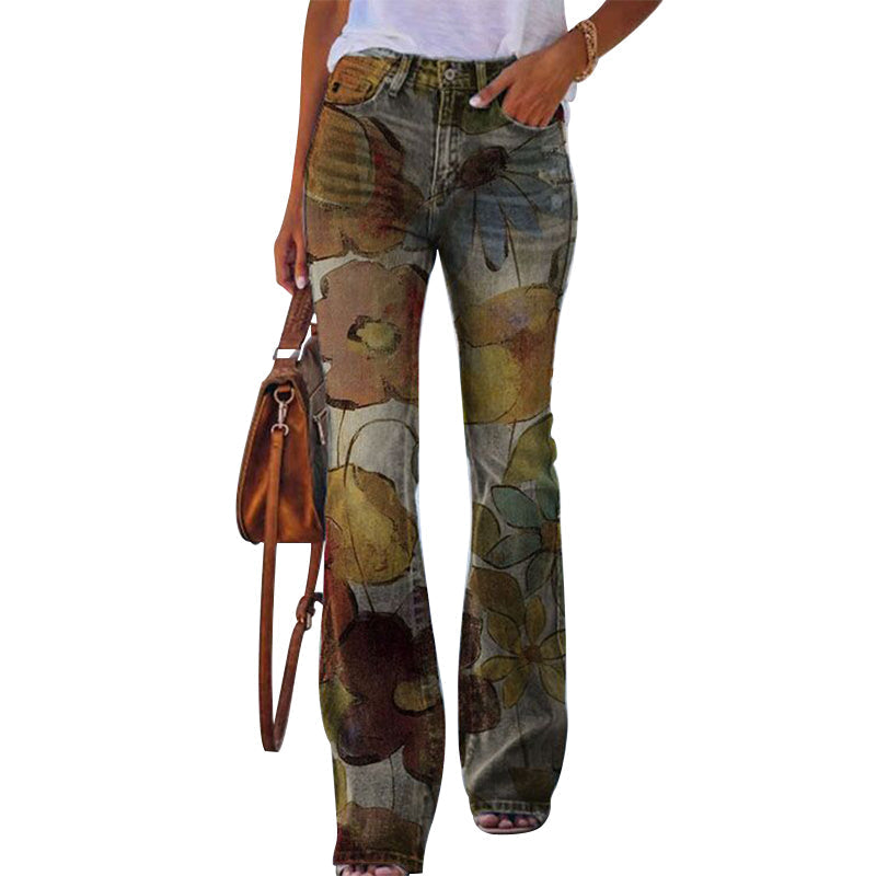 Pantalon femme skinny décontracté à motif fleuri