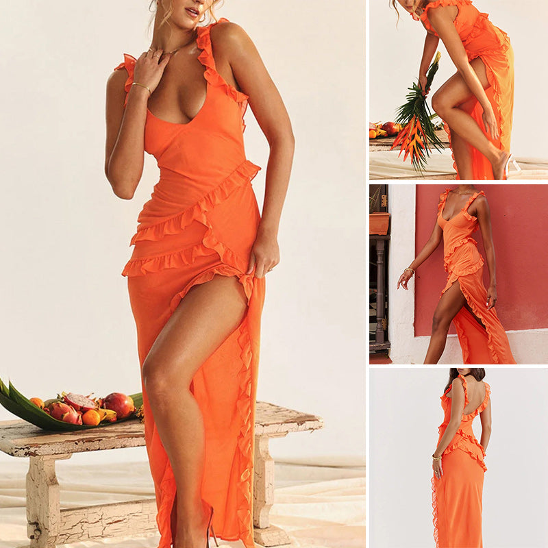 Élégante robe à volants à col en V de couleur unie