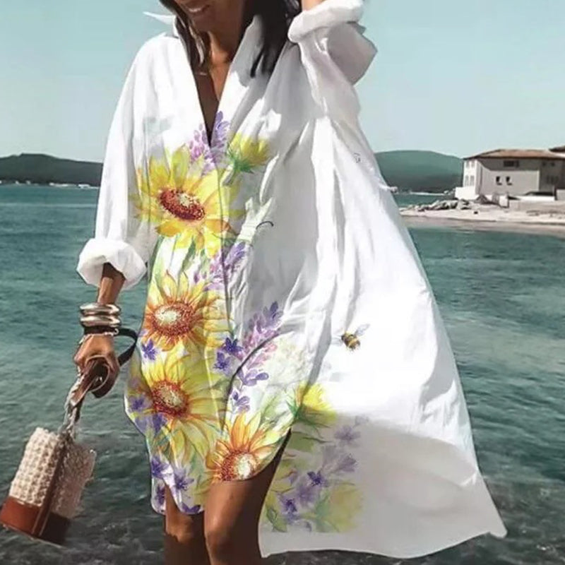 Robe chemise à manches longues et col en V pour femmes
