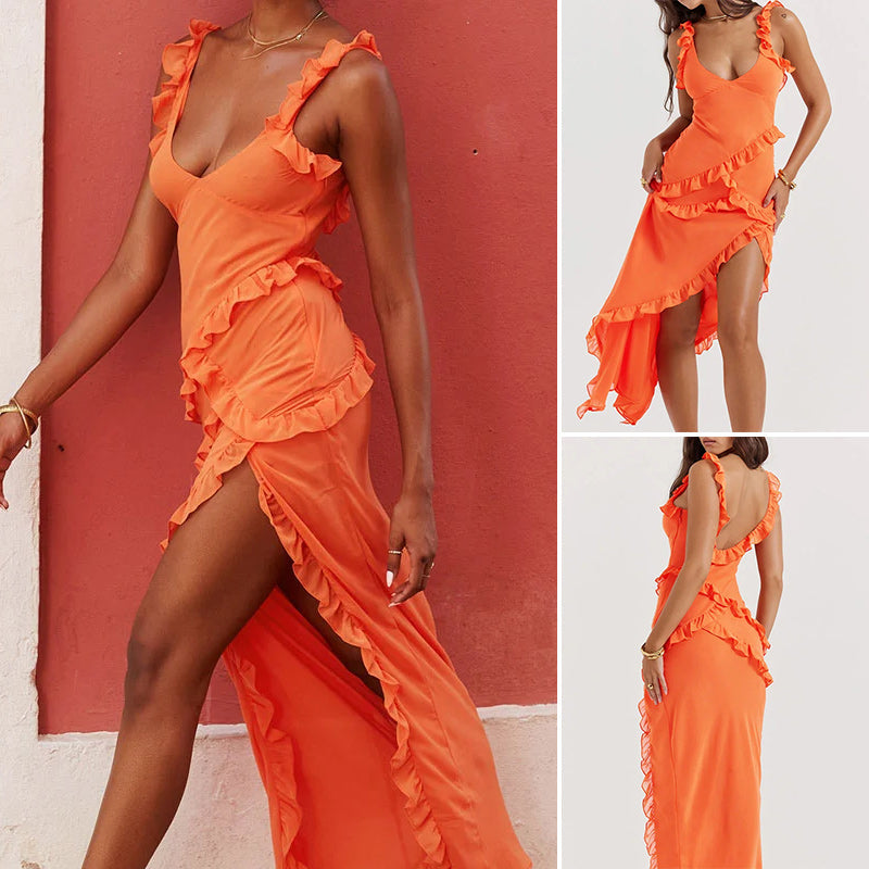 Élégante robe à volants à col en V de couleur unie