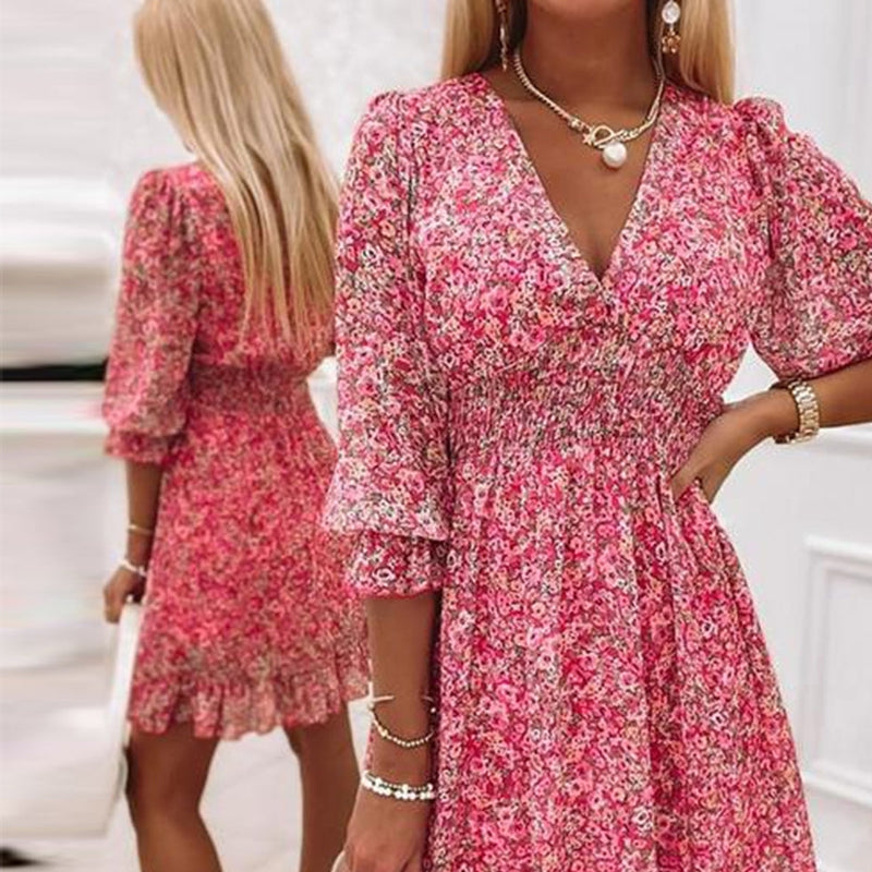 Chicadeau Robe fleurie taille mi-haute à manches bouffantes