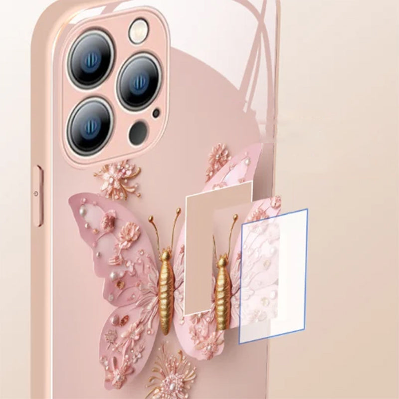 Coque en Verre Plat Motif Papillon 3D Compatible avec iPhone