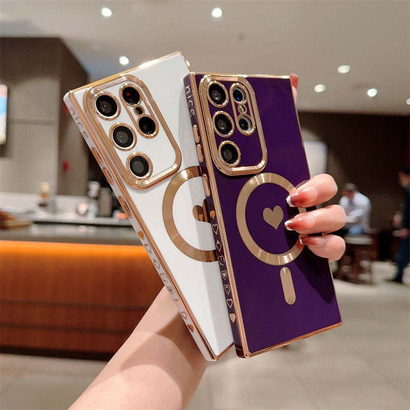 Coque de téléphone magnétique plaquée coeur d'amour pour Samsung