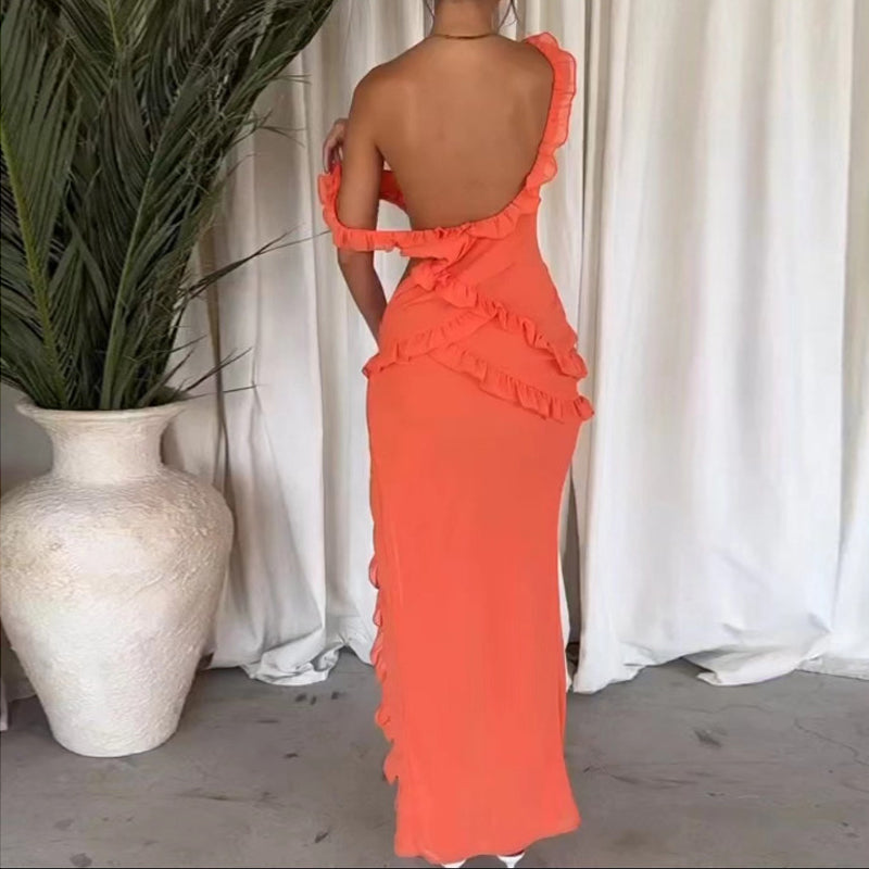 Élégante robe à volants à col en V de couleur unie