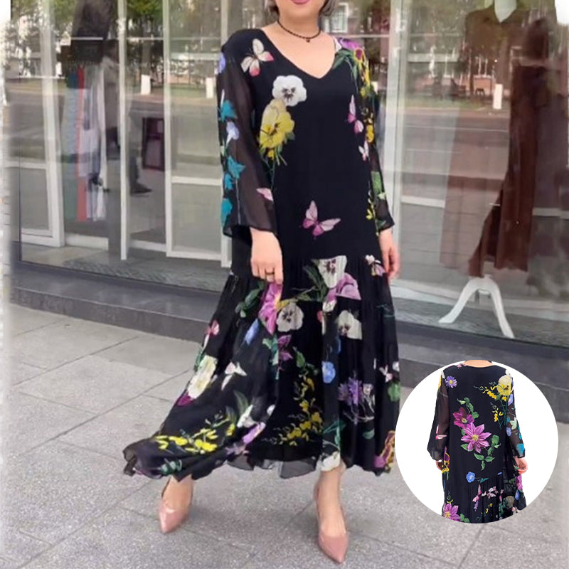 Robe noire à manches longues et fleurs