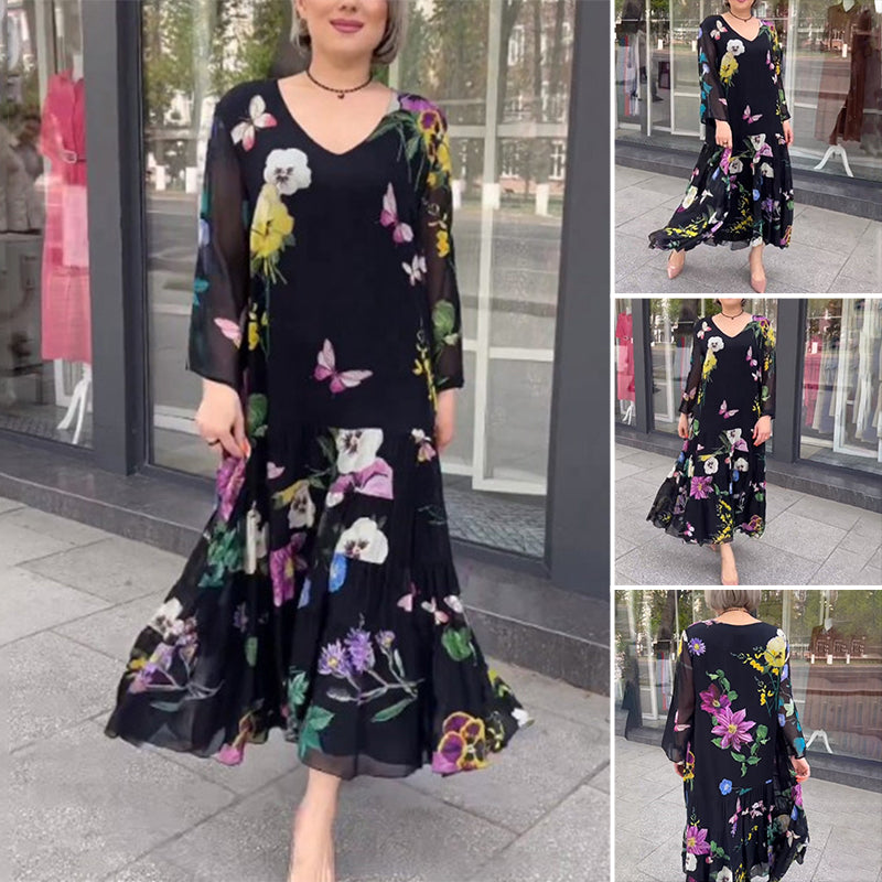 Robe noire à manches longues et fleurs