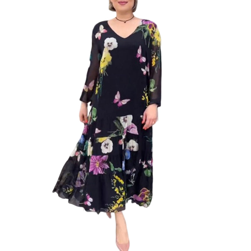 Robe noire à manches longues et fleurs